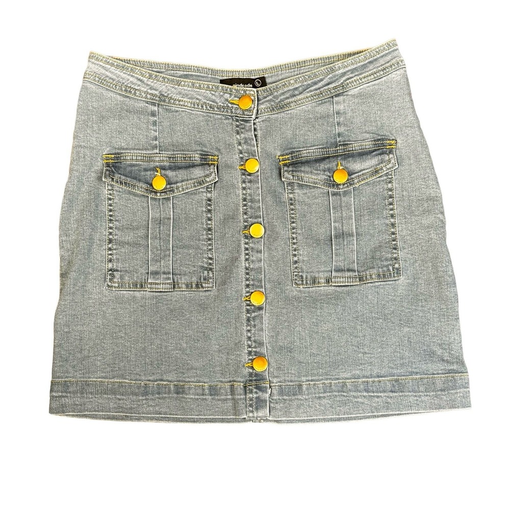 Mindcode Retro Denim Skirt‎ Button Up with Square Front Pockets Med Wash Sz L